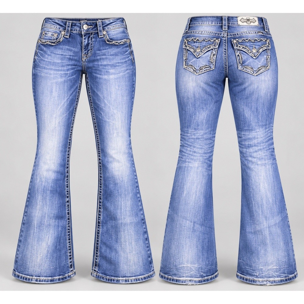 Miss Me boot jeans womens 31 x 32 medium wash mid rise tribal sequins rhinestone